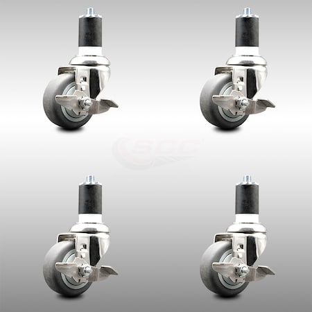 Service Caster 3 Inch 316SS Thermoplastic Rubber Swivel 1-3/4 Inch Stem Caster Set Brake SCC SCC-SS316EX20S314-TPRB-TLB-134-4
